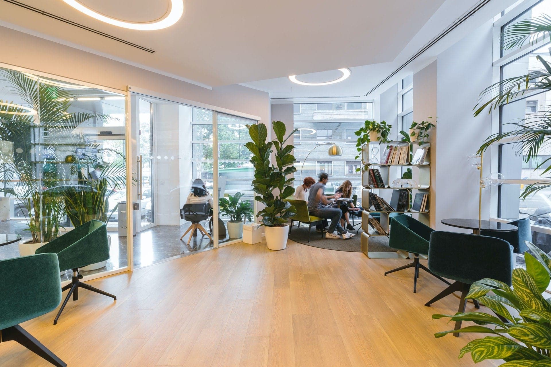 Lichte kantoorlounge met groene fauteuils en kamerplanten